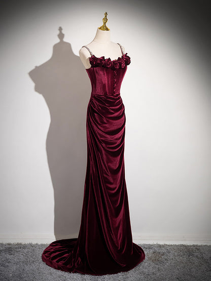 Burgundy Velvet Sheath Prom Dress Formal Evening Gown  P1238