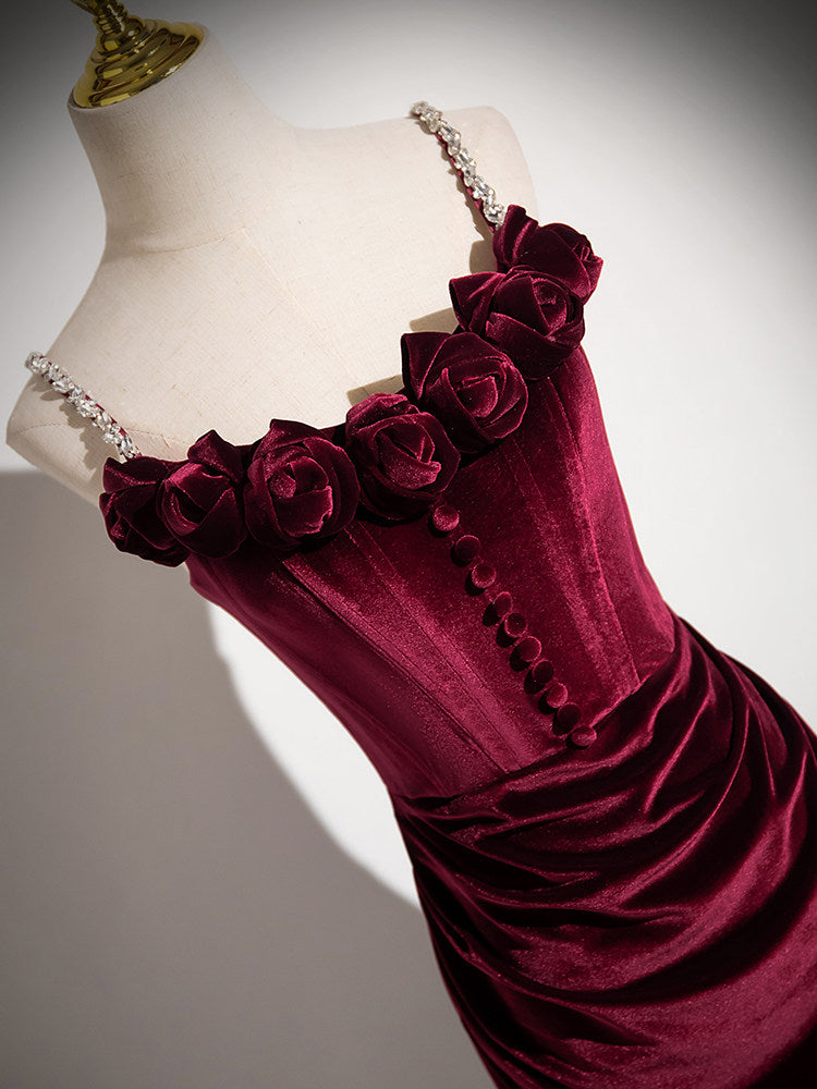 Burgundy Velvet Sheath Prom Dress Formal Evening Gown  P1238