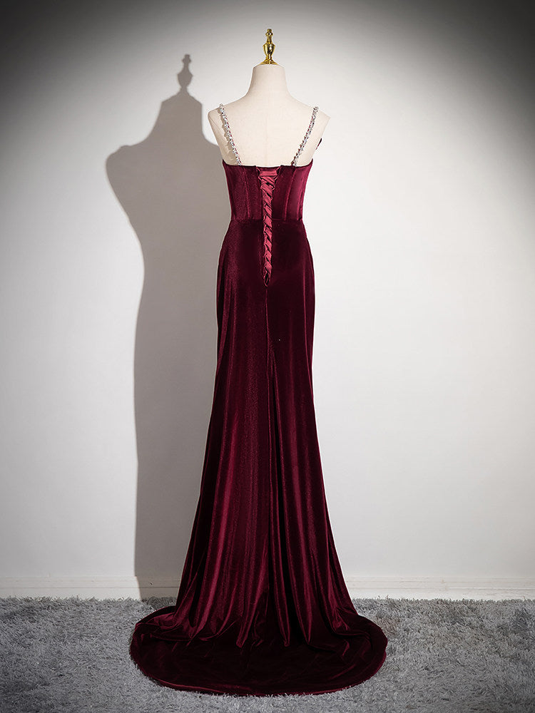 Burgundy Velvet Sheath Prom Dress Formal Evening Gown  P1238