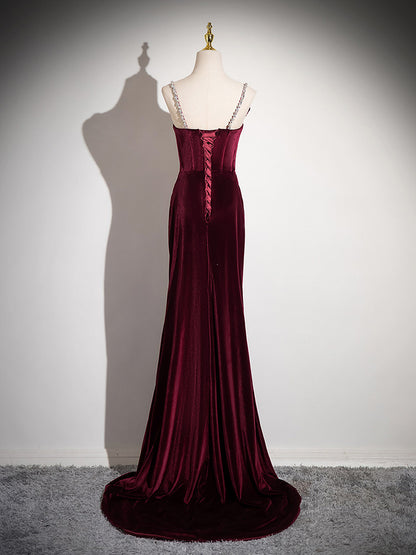 Burgundy Velvet Sheath Prom Dress Formal Evening Gown  P1238