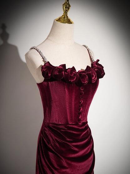 Burgundy Velvet Sheath Prom Dress Formal Evening Gown  P1238