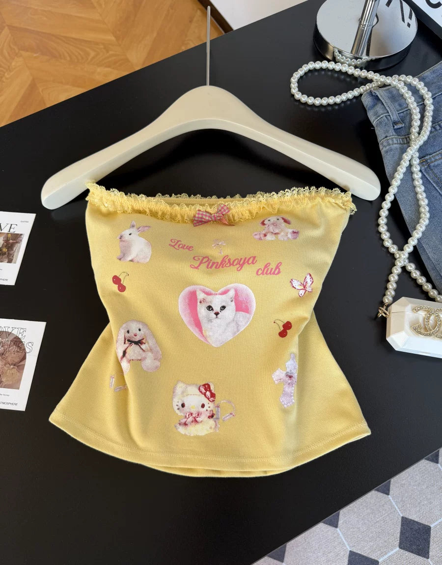Cat Printed  Sweet Short Tube Top  L131