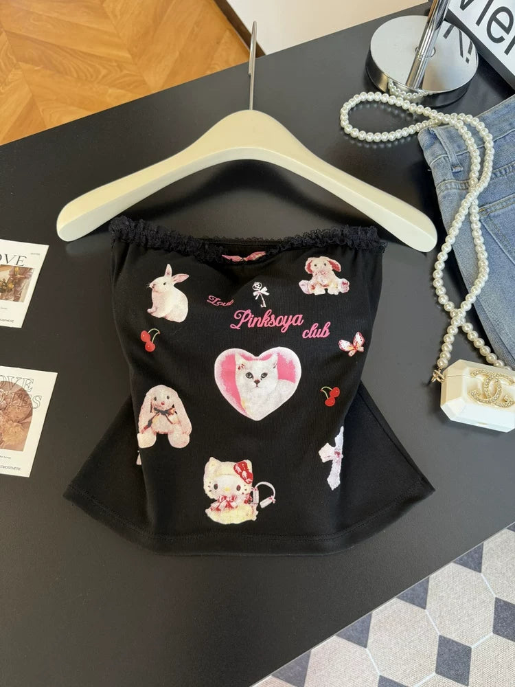 Cat Printed  Sweet Short Tube Top  L131