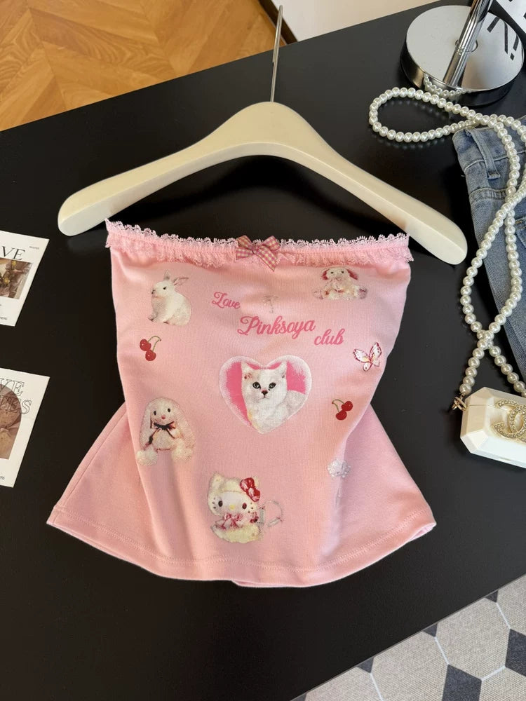 Cat Printed  Sweet Short Tube Top  L131