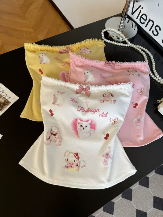Cat Printed  Sweet Short Tube Top  L131