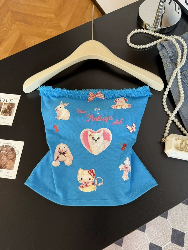 Cat Printed  Sweet Short Tube Top  L131