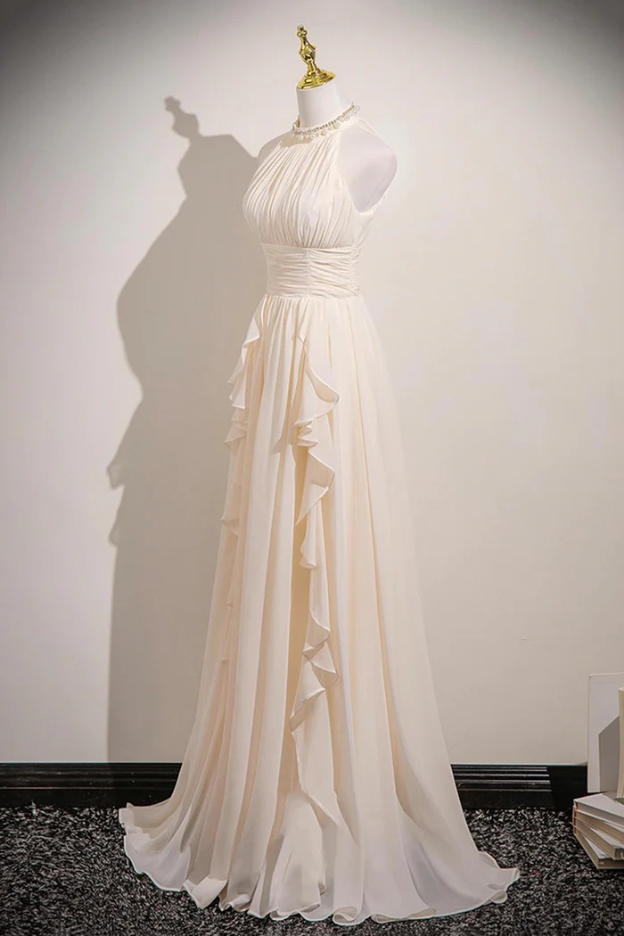 Champagne Chiffon Halter Long Prom Dress Elegant A-Line Evening Dress  P658