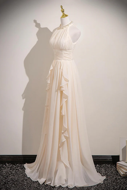Champagne Chiffon Halter Long Prom Dress Elegant A-Line Evening Dress  P658