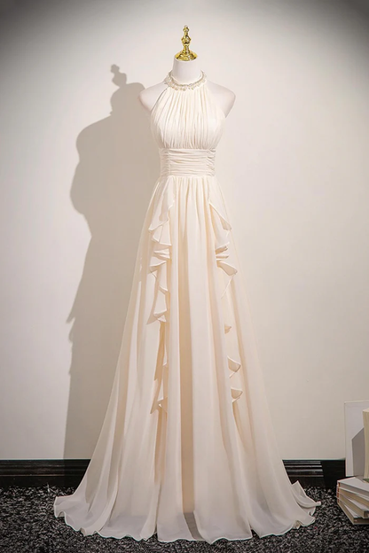 Champagne Chiffon Halter Long Prom Dress Elegant A-Line Evening Dress  P658