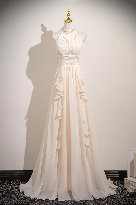 Champagne Chiffon Halter Long Prom Dress Elegant A-Line Evening Dress  P658