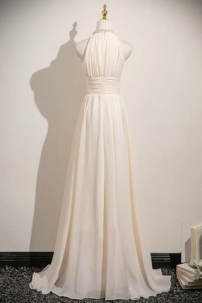 Champagne Chiffon Halter Long Prom Dress Elegant A-Line Evening Dress  P658