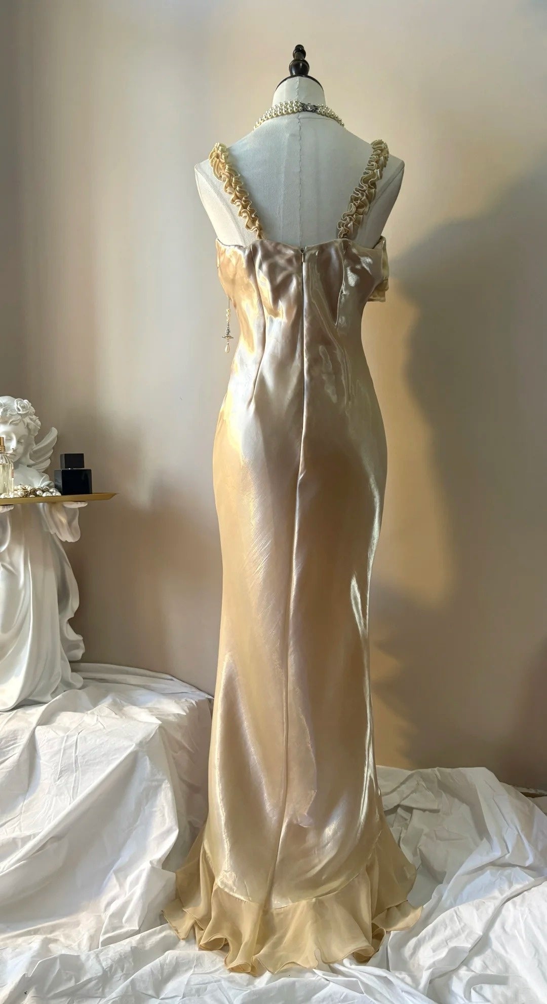 Champagne Gold Mermaid Prom Dress Ruffled Evening Dress  P1324