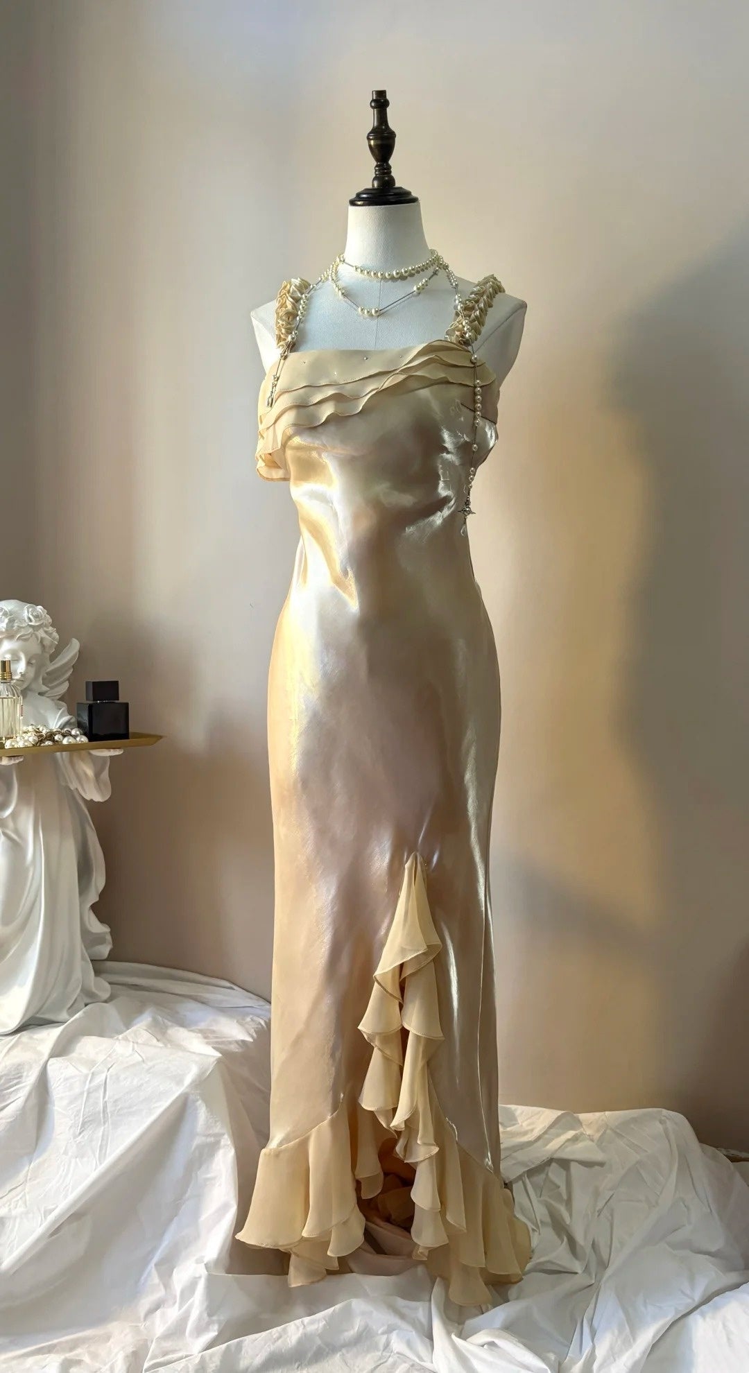 Champagne Gold Mermaid Prom Dress Ruffled Evening Dress  P1324