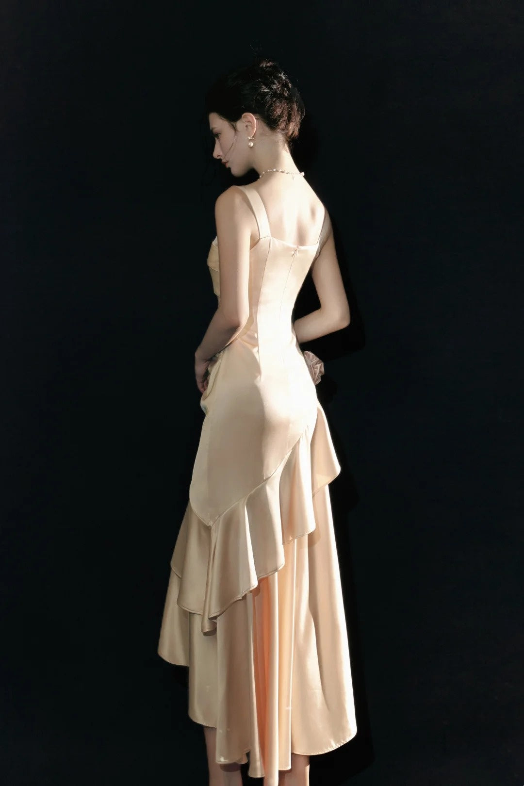Champagne Satin Formal Prom Dress Ruffled Evening Gown  P1728