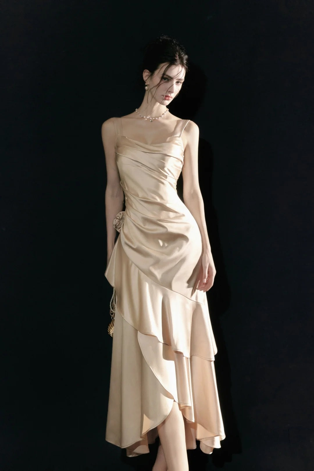 Champagne Satin Formal Prom Dress Ruffled Evening Gown  P1728