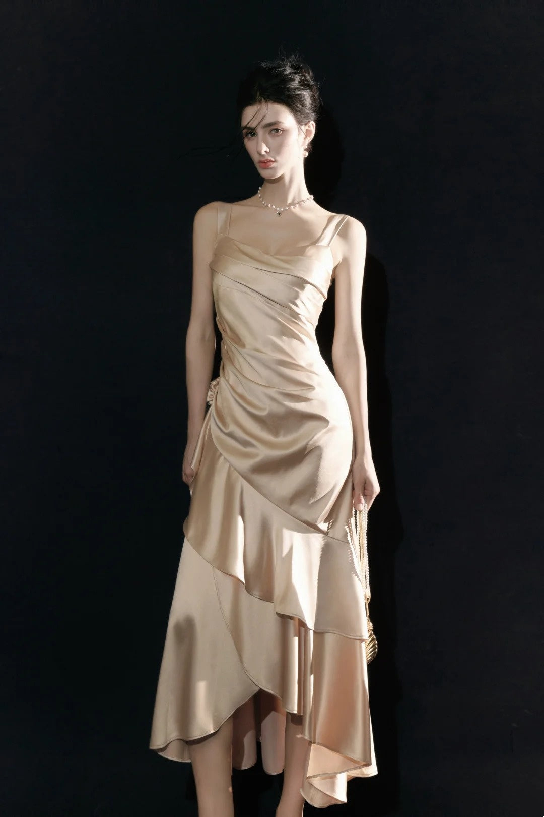 Champagne Satin Formal Prom Dress Ruffled Evening Gown  P1728