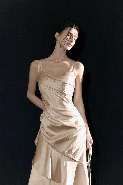 Champagne Satin Formal Prom Dress Ruffled Evening Gown  P1728