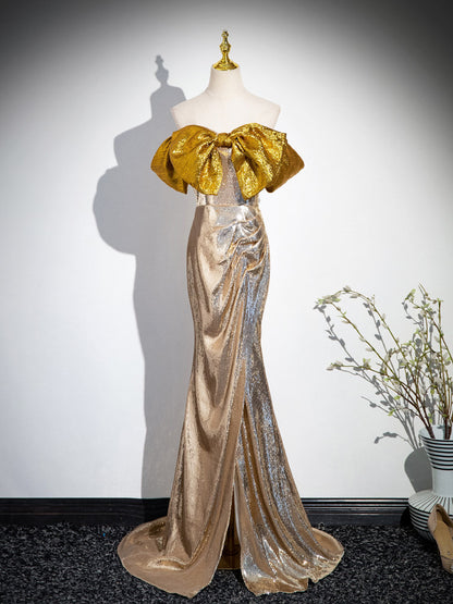 Champagne Sequin Mermaid Prom Dress with Bow  P1258