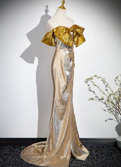 Champagne Sequin Mermaid Prom Dress with Bow  P1258
