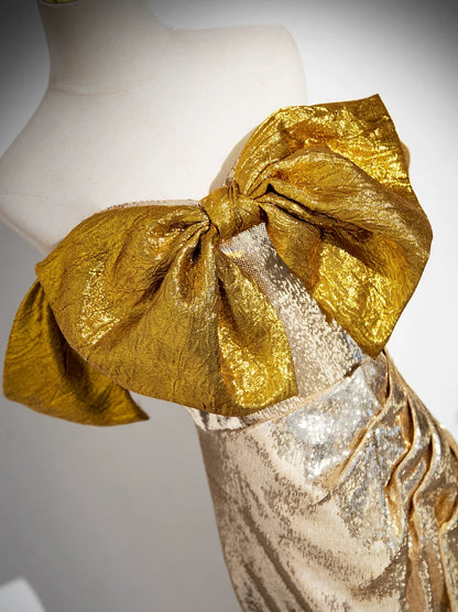Champagne Sequin Mermaid Prom Dress with Bow  P1258