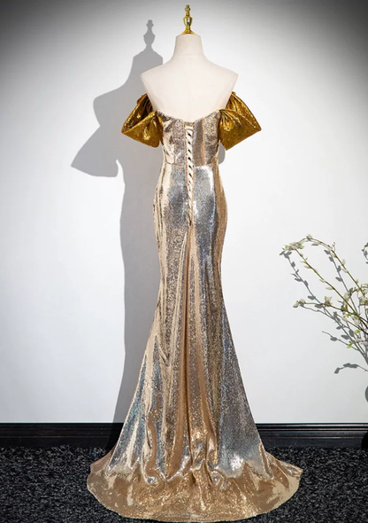 Champagne Sequin Mermaid Prom Dress with Bow  P1258