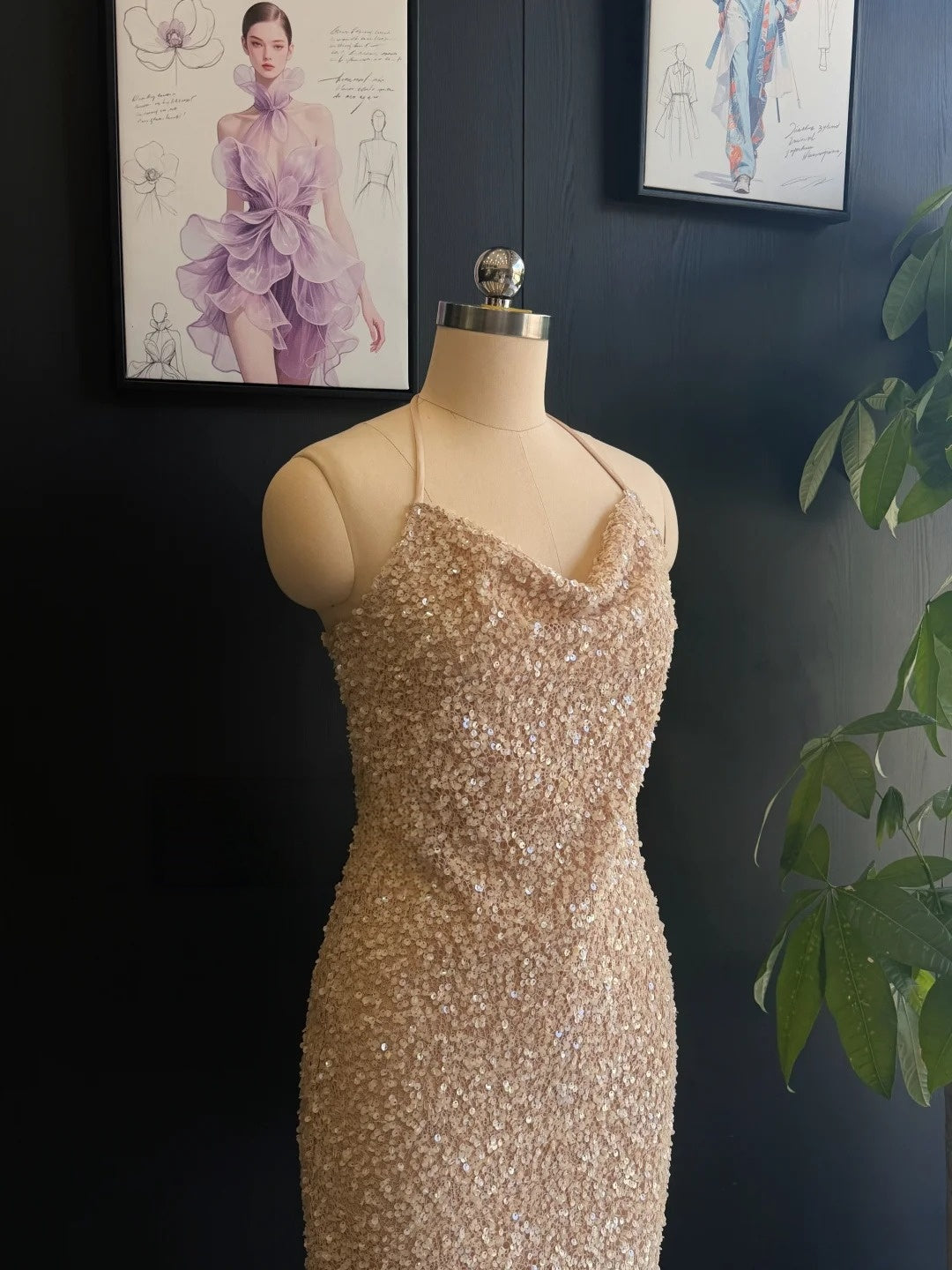 Champagne Sequin Sheath Homecoming Dress Short Party Dress  P1725