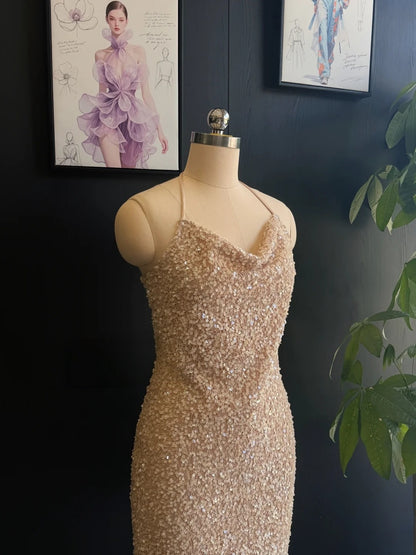 Champagne Sequin Sheath Homecoming Dress Short Party Dress  P1725