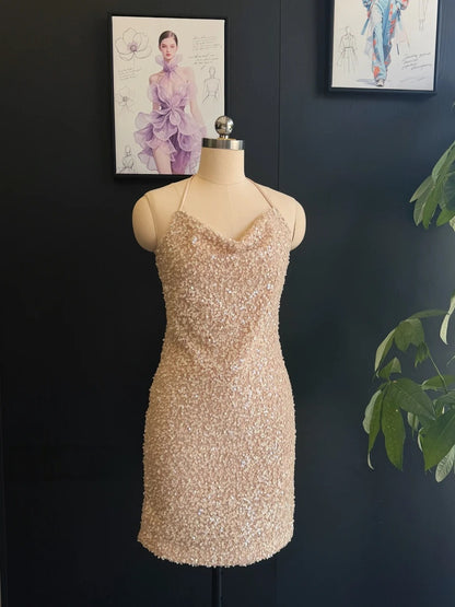 Champagne Sequin Sheath Homecoming Dress Short Party Dress  P1725
