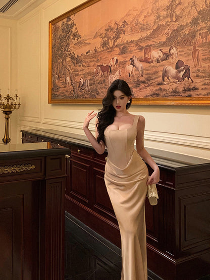 Champagne Sheath Satin Prom Dress Evening Dress  P630