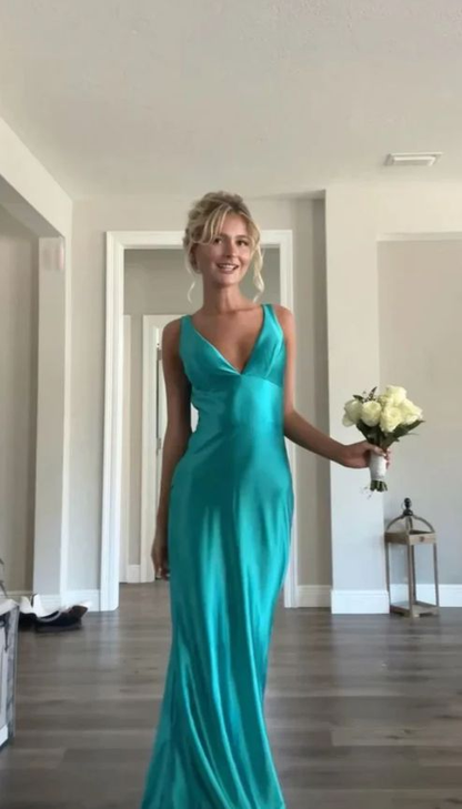 Charming A Line Blue Satin Long Formal Prom Dress  P1009