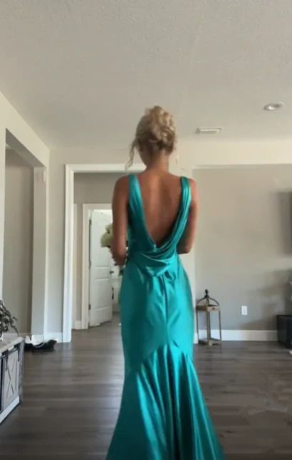 Charming A Line Blue Satin Long Formal Prom Dress  P1009