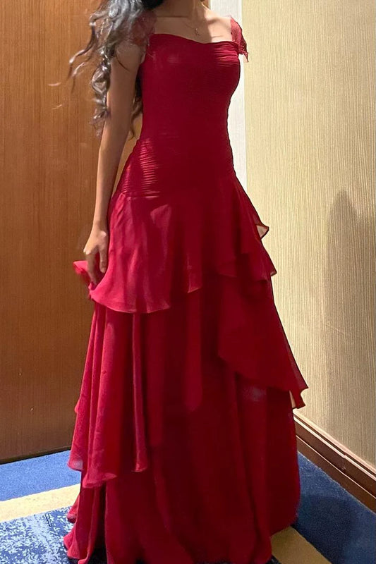 Chiffon Red A-Line Ruffles Long Prom Dress  P993