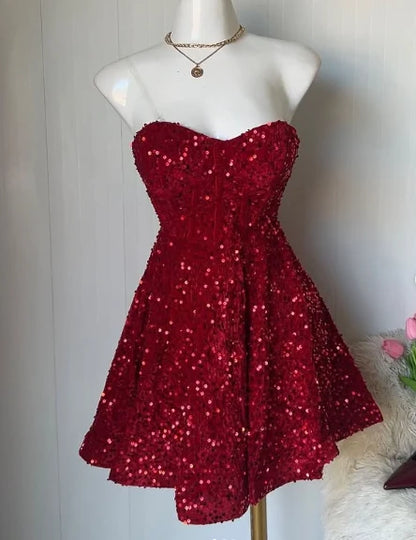 Classy Sequin A-Line Birthday Cocktail Dress Homecoming Outfit  P2212