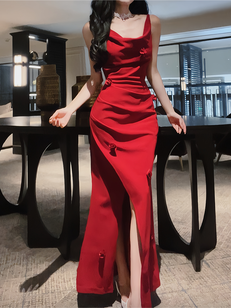 Cowl Neck Burgundy Satin Prom Dress with Slit  P1610