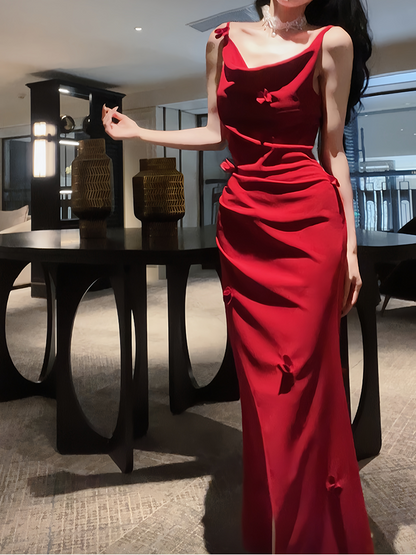 Cowl Neck Burgundy Satin Prom Dress with Slit  P1610