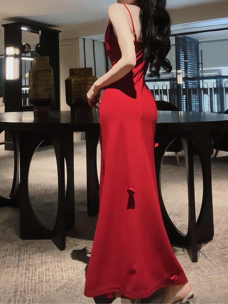 Cowl Neck Burgundy Satin Prom Dress with Slit  P1610