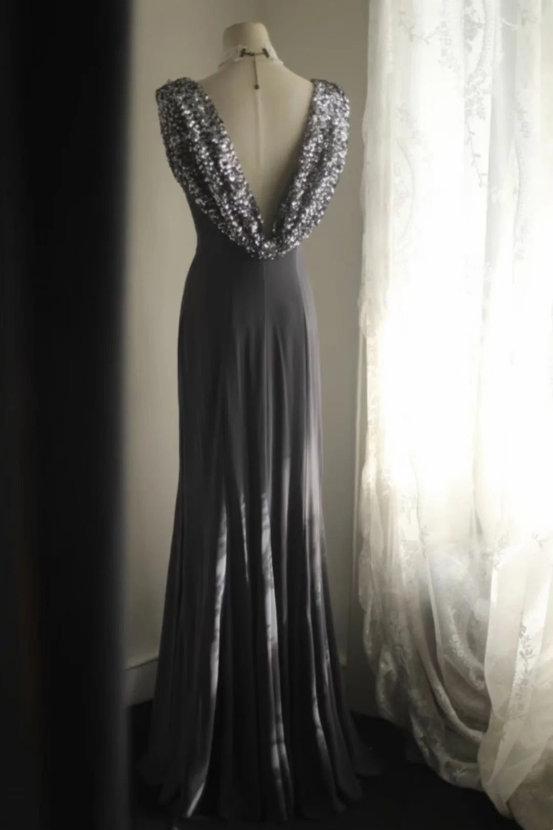 Cowl Neck Mermaid Gray Formal Prom Dress Open Back Evening Gowns  P2054