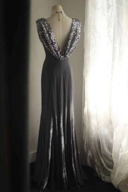Cowl Neck Mermaid Gray Formal Prom Dress Open Back Evening Gowns  P2054