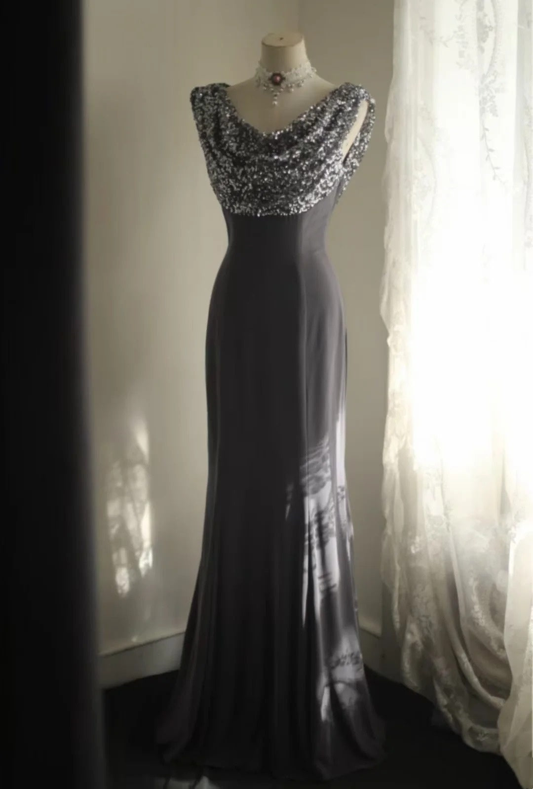 Cowl Neck Mermaid Gray Formal Prom Dress Open Back Evening Gowns  P2054
