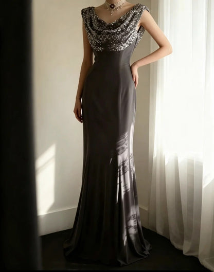 Cowl Neck Mermaid Gray Formal Prom Dress Open Back Evening Gowns  P2054