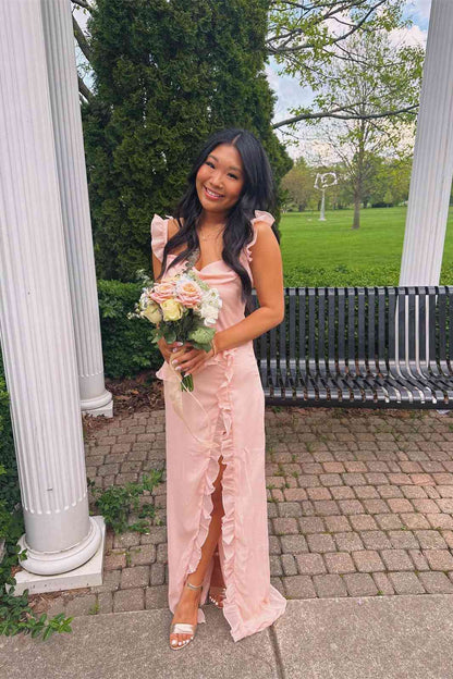 Cowl Neck Peach Ruffle Long Formal Prom Dress With Slit  P2468