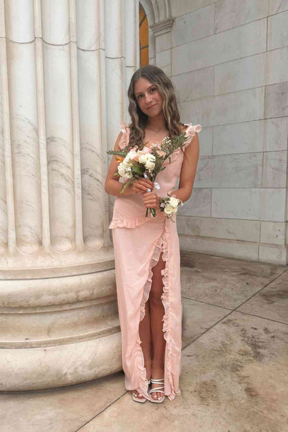 Cowl Neck Peach Ruffle Long Formal Prom Dress With Slit  P2468