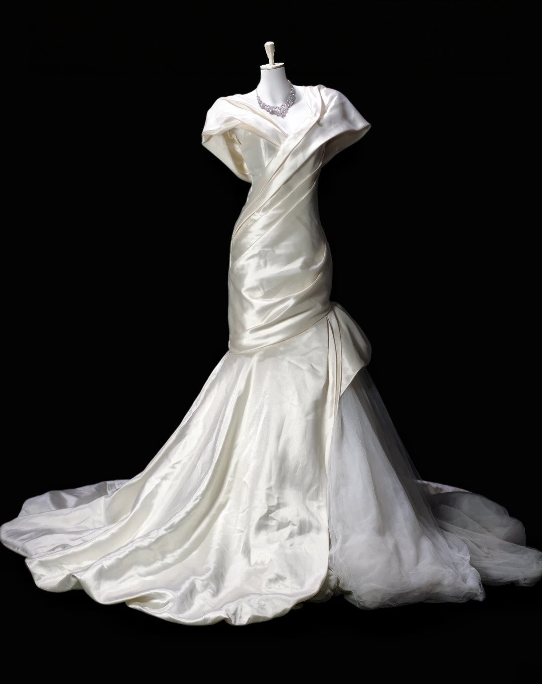Cream Satin Mermaid Wedding Dress Elegant Evening Gown  P2615