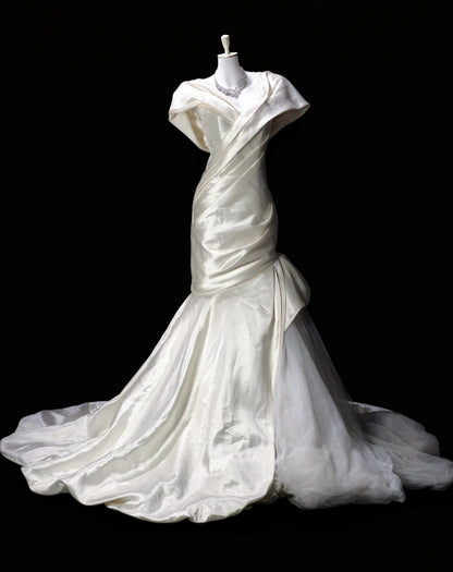 Cream Satin Mermaid Wedding Dress Elegant Evening Gown  P2615