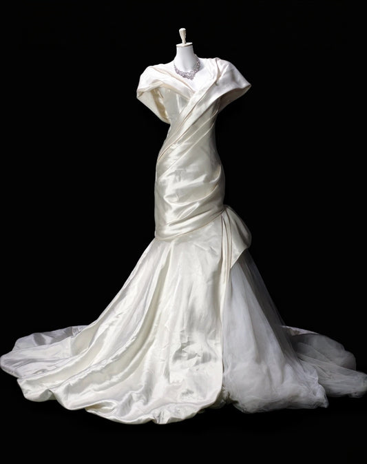Cream Satin Mermaid Wedding Dress Elegant Evening Gown  P2615