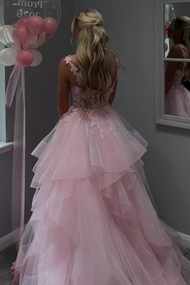 Cute Pink A-Line Ruffles Long Prom Dress With Appliques  P2440