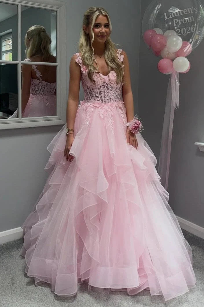 Cute Pink A-Line Ruffles Long Prom Dress With Appliques  P2440