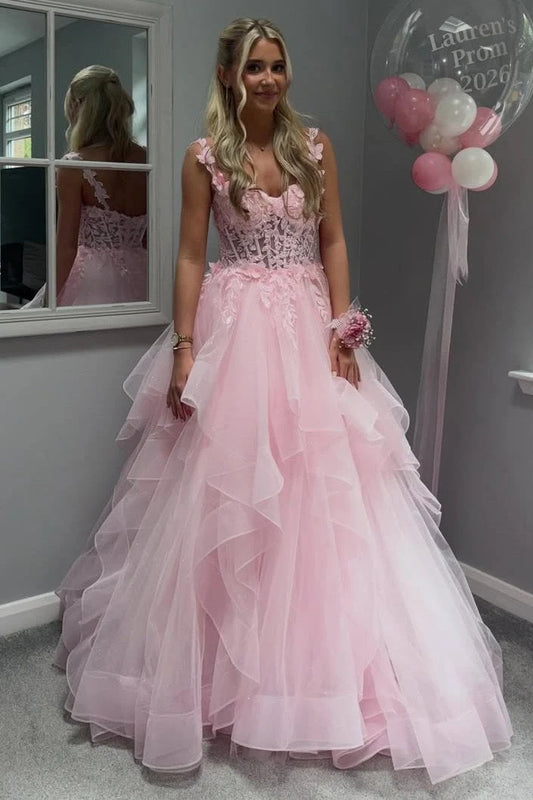 Cute Pink A-Line Ruffles Long Prom Dress With Appliques  P2440