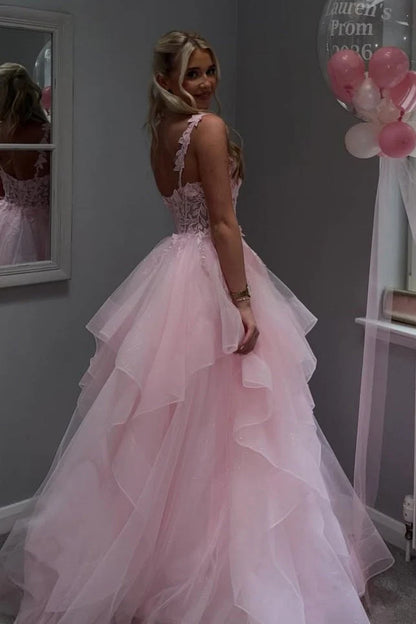 Cute Pink A-Line Ruffles Long Prom Dress With Appliques  P2440