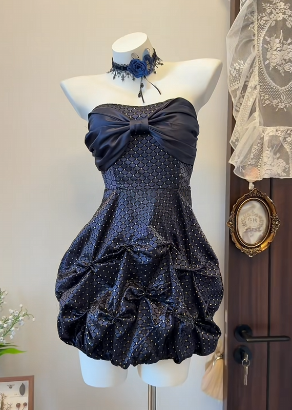 Dark Blue Satin Bow Tube Top Puff Hem Short Dress Evening Cocktail Dress  P2642